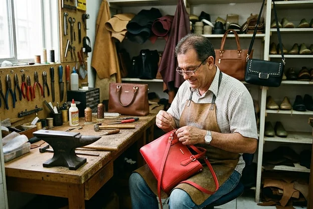 Sapateiro em Canoas reformando bolsa de couro, destacando técnicas atuais e o cuidado no serviço.